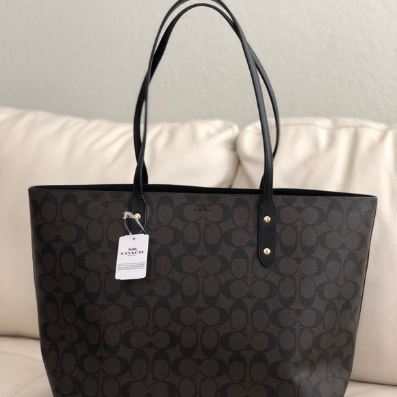 Coach Town Tote In Signature Canvas Black/Brown - Picture 7 of 8